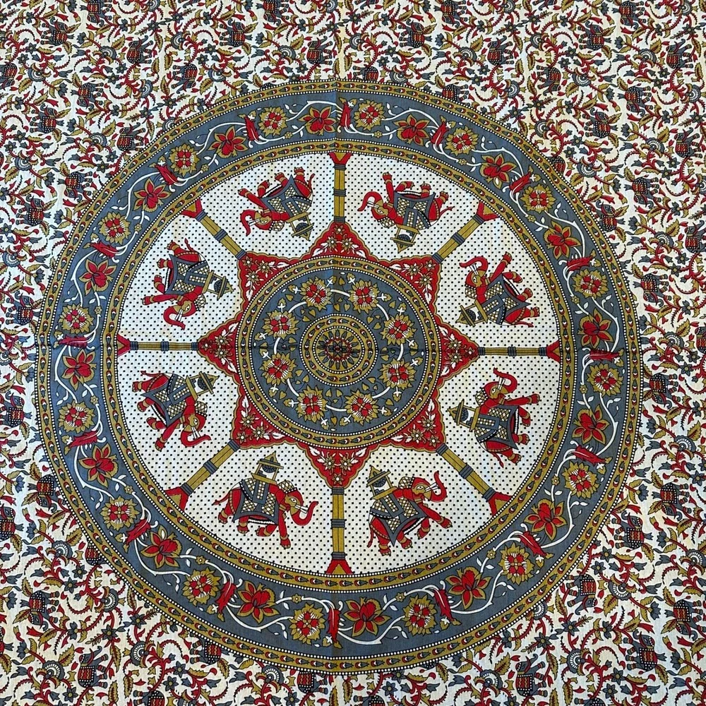 Indian Elephant Mandala Cotton Tapestry Red Grey Floral Boho Wall Hanging Throw